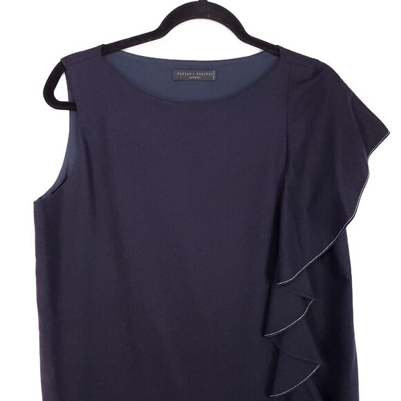 Fabiana Filippi Merino Wool Cashmere Dress Size 12 Blue Ruffle Shift Beads Trim - Picture 9 of 13